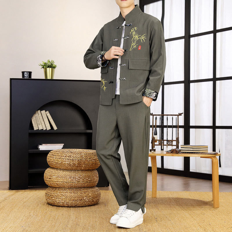 Conjunto de ropa para hombre de 2 piezas con camisa y pantalón de manga larga con botones de bambú y estampado de Buddha Stones Tang Suit (2 piezas). - Caqui oscuro - US/UK/AU44, EU54 (4XL) - image 14