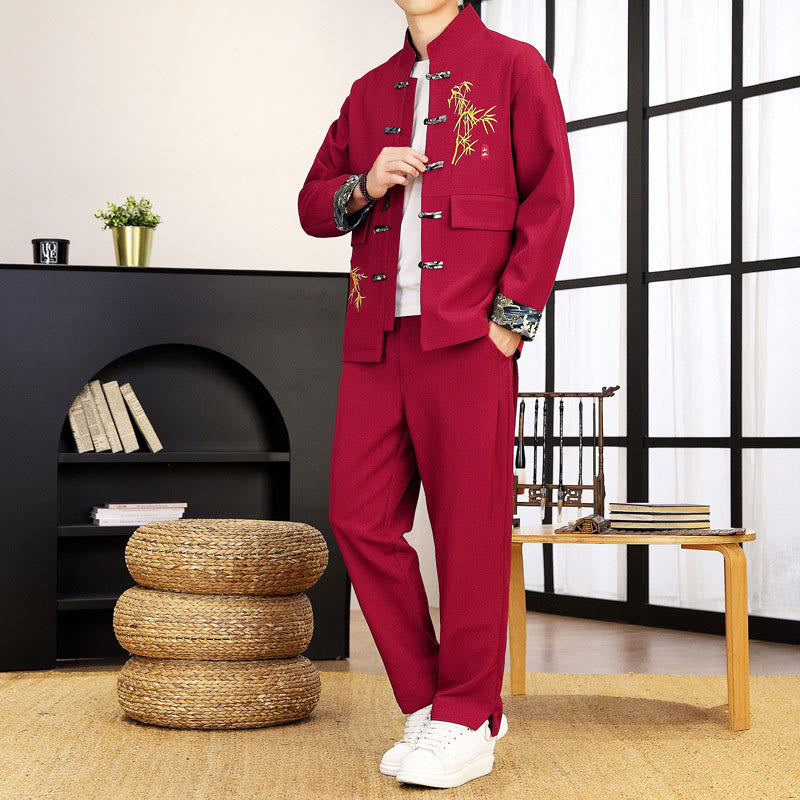 Conjunto de ropa para hombre de 2 piezas con camisa y pantalón de manga larga con botones de bambú y estampado de Buddha Stones Tang Suit (2 piezas). - Carmesí - US/UK/AU44, EU54 (4XL) - image 19