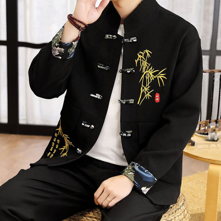 Conjunto de ropa para hombre de 2 piezas con camisa y pantalón de manga larga con botones de bambú y estampado de Buddha Stones Tang Suit (2 piezas). - image 3