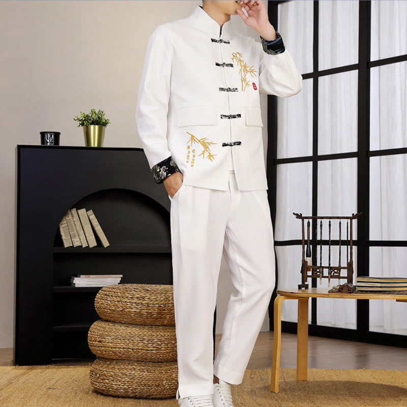 Conjunto de ropa para hombre de 2 piezas con camisa y pantalón de manga larga con botones de bambú y estampado de Buddha Stones Tang Suit (2 piezas). - image 12