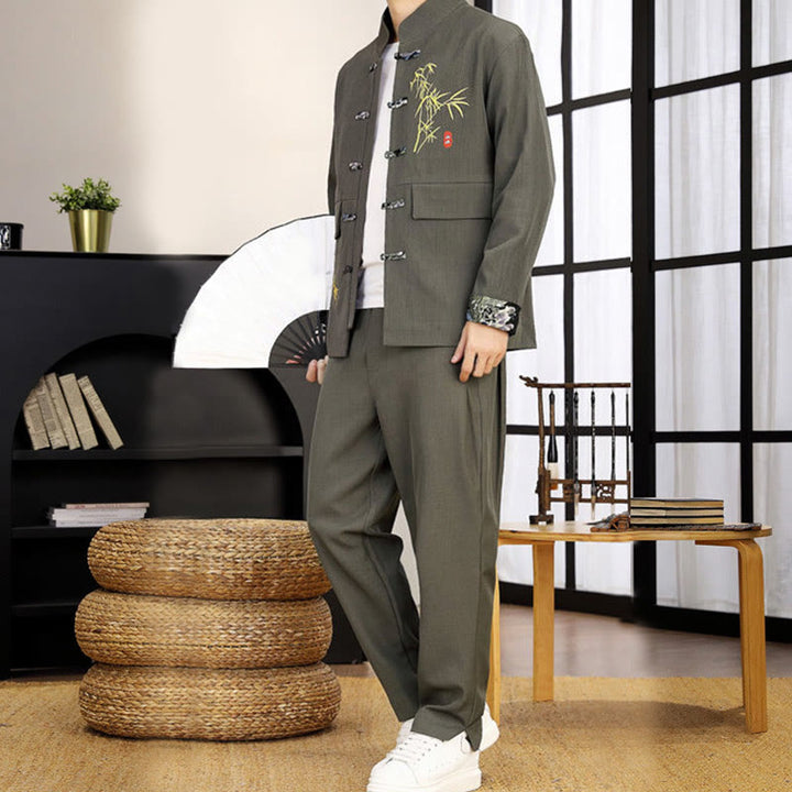 Conjunto de ropa para hombre de 2 piezas con camisa y pantalón de manga larga con botones de bambú y estampado de Buddha Stones Tang Suit (2 piezas). - image 16