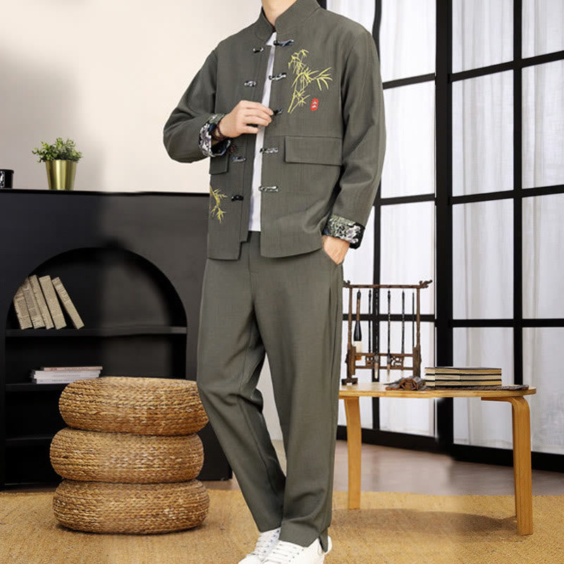Conjunto de ropa para hombre de 2 piezas con camisa y pantalón de manga larga con botones de bambú y estampado de Buddha Stones Tang Suit (2 piezas). - image 15