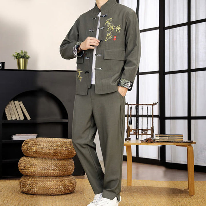Conjunto de ropa para hombre de 2 piezas con camisa y pantalón de manga larga con botones de bambú y estampado de Buddha Stones Tang Suit (2 piezas). - image 15