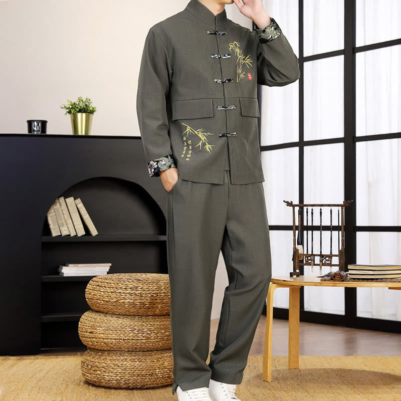 Conjunto de ropa para hombre de 2 piezas con camisa y pantalón de manga larga con botones de bambú y estampado de Buddha Stones Tang Suit (2 piezas). - image 17