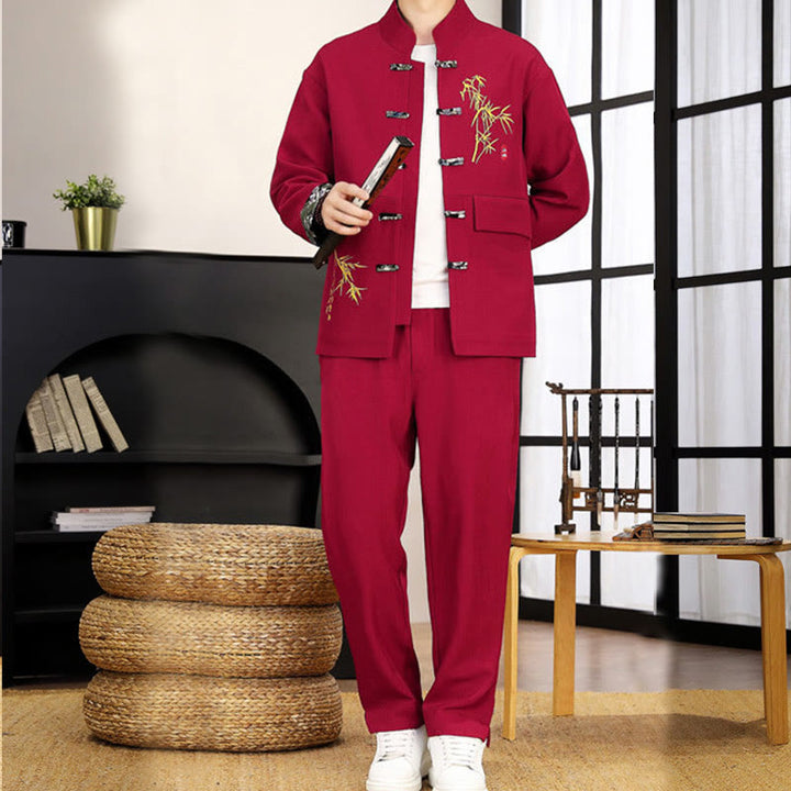 Conjunto de ropa para hombre de 2 piezas con camisa y pantalón de manga larga con botones de bambú y estampado de Buddha Stones Tang Suit (2 piezas). - image 20