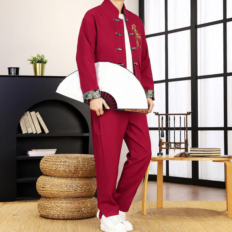 Conjunto de ropa para hombre de 2 piezas con camisa y pantalón de manga larga con botones de bambú y estampado de Buddha Stones Tang Suit (2 piezas). - image 22