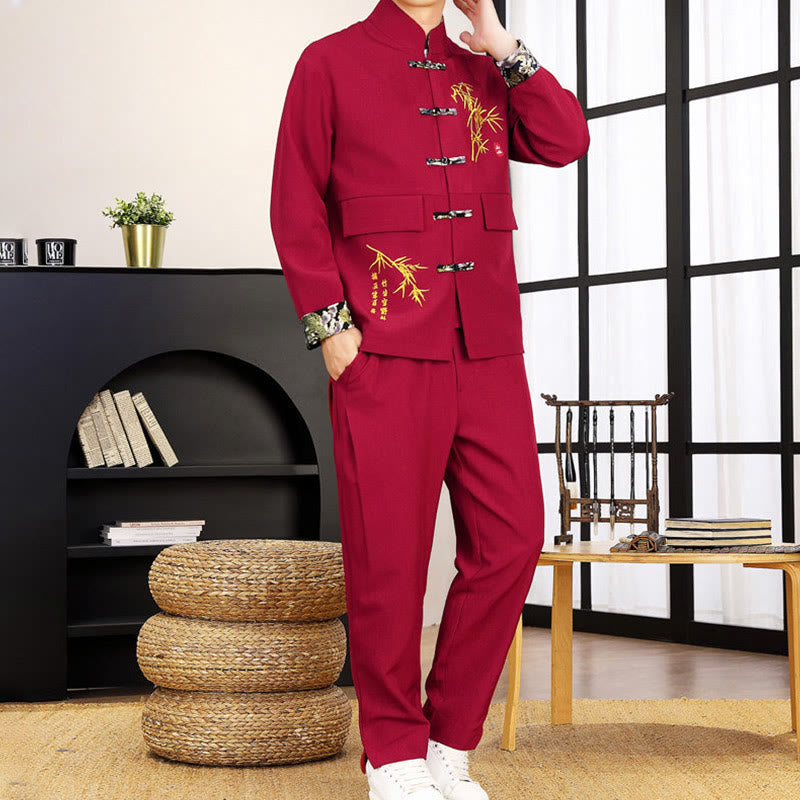 Conjunto de ropa para hombre de 2 piezas con camisa y pantalón de manga larga con botones de bambú y estampado de Buddha Stones Tang Suit (2 piezas). - image 23