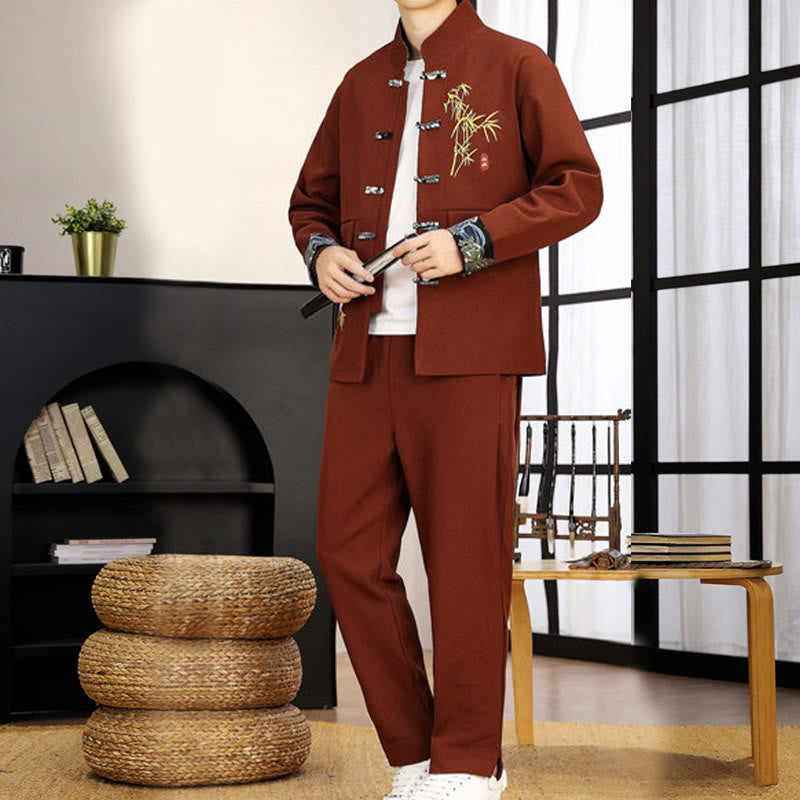 Conjunto de ropa para hombre de 2 piezas con camisa y pantalón de manga larga con botones de bambú y estampado de Buddha Stones Tang Suit (2 piezas). - image 26