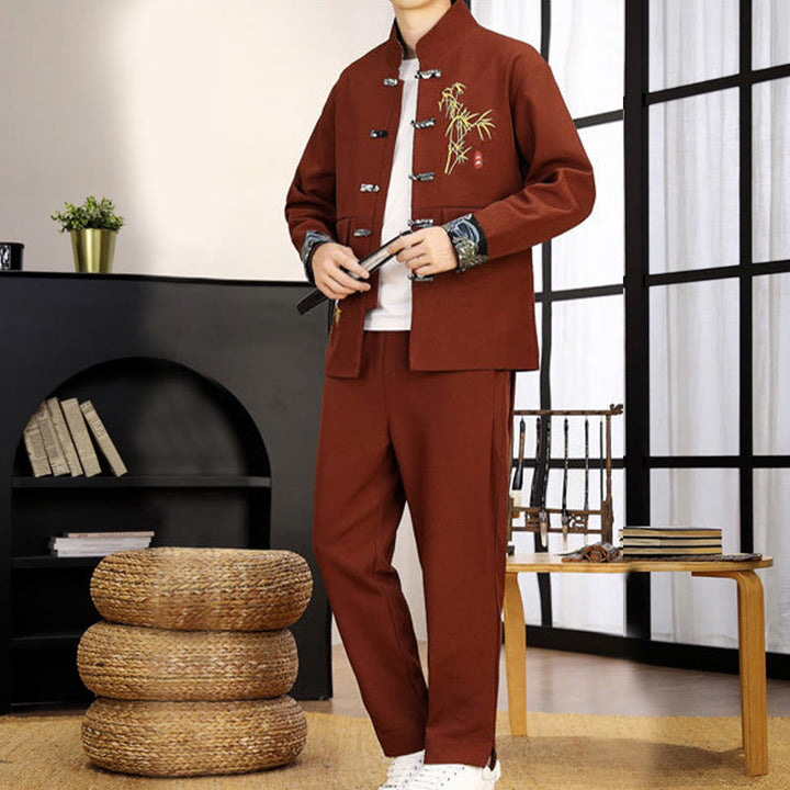Conjunto de ropa para hombre de 2 piezas con camisa y pantalón de manga larga con botones de bambú y estampado de Buddha Stones Tang Suit (2 piezas). - image 26