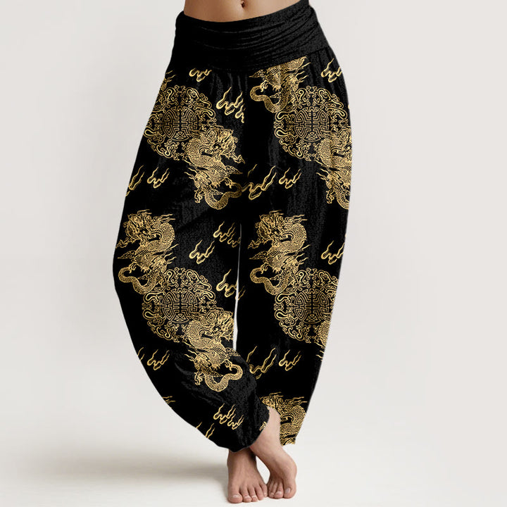 Pantalones bombachos de cintura elástica para mujer con estampado de nubes y doble dragón de algodón puro con Buddha Stones - Negro - US16，UK/AU20，EU48 (3XL) - image 0