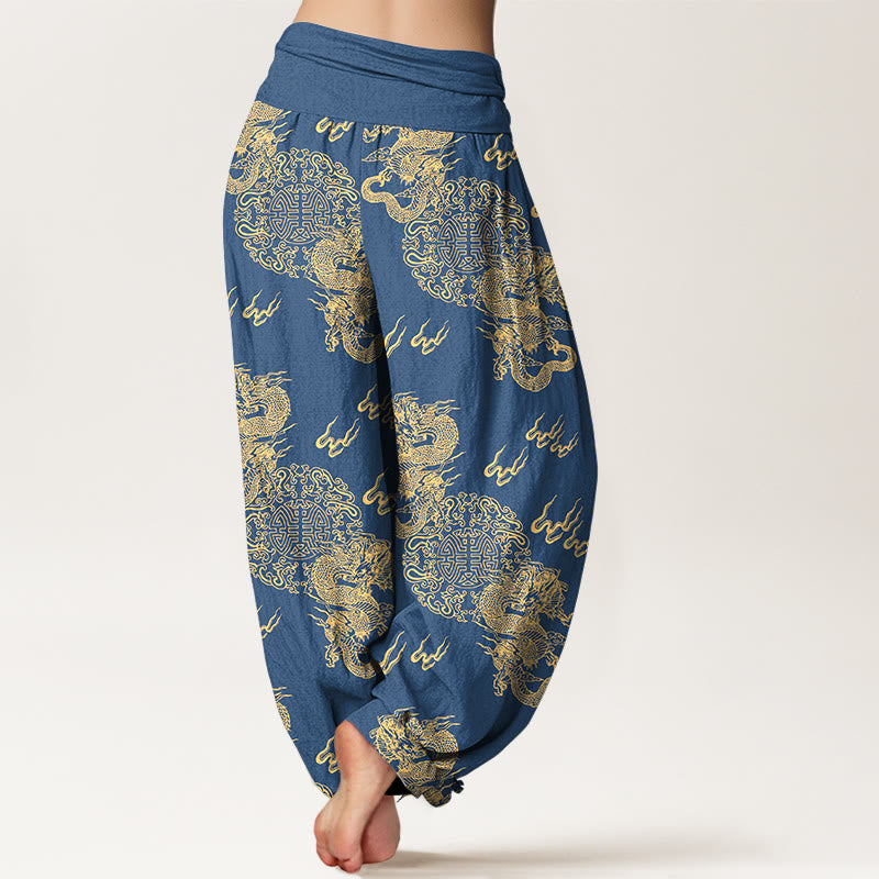Pantalones bombachos de cintura elástica para mujer con estampado de nubes y doble dragón de algodón puro con Buddha Stones - image 6