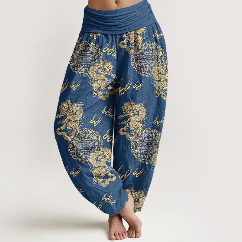 Pantalones bombachos de cintura elástica para mujer con estampado de nubes y doble dragón de algodón puro con Buddha Stones - Azul acero - US16，UK/AU20，EU48 (3XL) - image 5