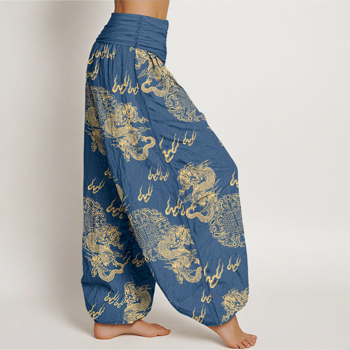 Pantalones bombachos de cintura elástica para mujer con estampado de nubes y doble dragón de algodón puro con Buddha Stones - image 7