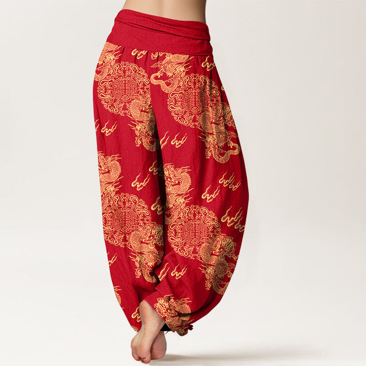 Pantalones bombachos de cintura elástica para mujer con estampado de nubes y doble dragón de algodón puro con Buddha Stones - image 9