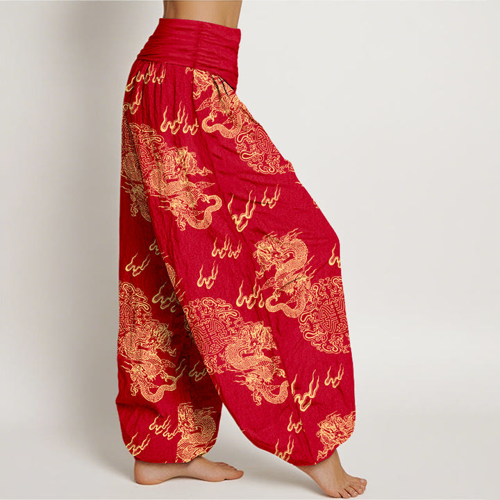 Pantalones bombachos de cintura elástica para mujer con estampado de nubes y doble dragón de algodón puro con Buddha Stones - image 10