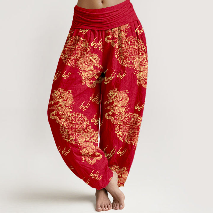 Pantalones bombachos de cintura elástica para mujer con estampado de nubes y doble dragón de algodón puro con Buddha Stones - Ladrillo refractario - US16，UK/AU20，EU48 (3XL) - image 8