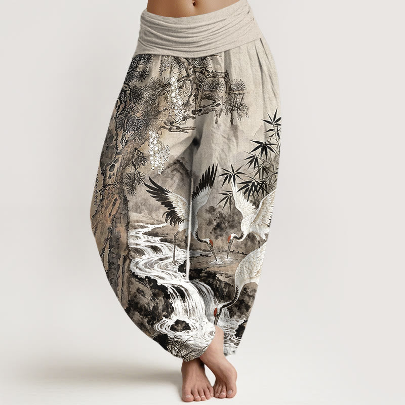 Pantalones bombachos de cintura elástica para mujer, de algodón puro con estampado de grullas de corona roja y piedras de Buddha Stones. - Broncearse - US16，UK/AU20，EU48 (3XL) - image 0