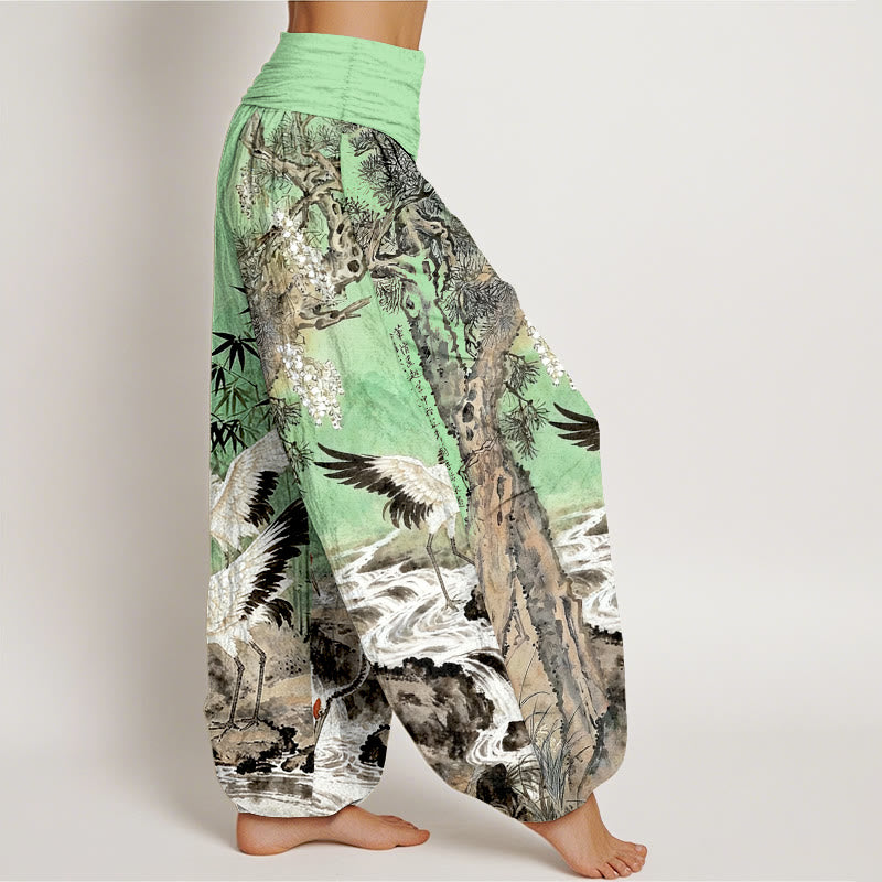Pantalones bombachos de cintura elástica para mujer, de algodón puro con estampado de grullas de corona roja y piedras de Buddha Stones. - image 7