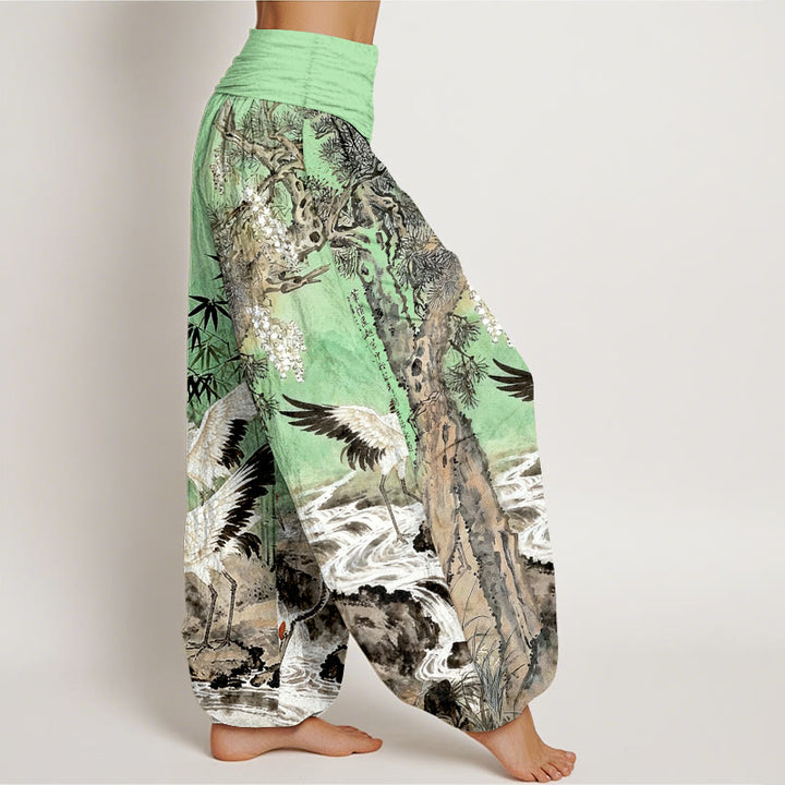 Pantalones bombachos de cintura elástica para mujer, de algodón puro con estampado de grullas de corona roja y piedras de Buddha Stones. - image 7
