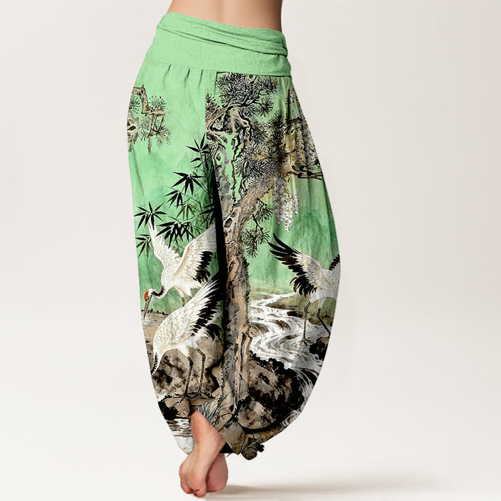 Pantalones bombachos de cintura elástica para mujer, de algodón puro con estampado de grullas de corona roja y piedras de Buddha Stones. - image 6