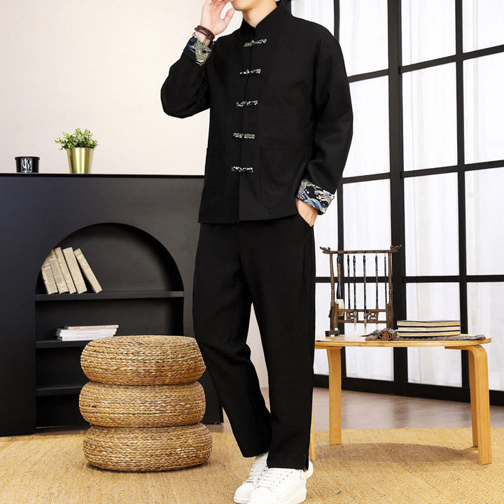 Conjunto de ropa de manga larga y pantalón con estampado de olas y botones de rana para hombre , con Buddha Stones (2 piezas). - Negro - US/UK/AU44, EU54 (4XL) - image 11