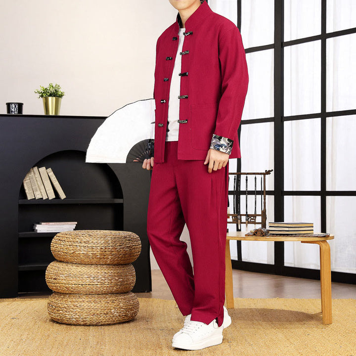 Conjunto de ropa de manga larga y pantalón con estampado de olas y botones de rana para hombre , con Buddha Stones (2 piezas). - Carmesí - US/UK/AU44, EU54 (4XL) - image 23