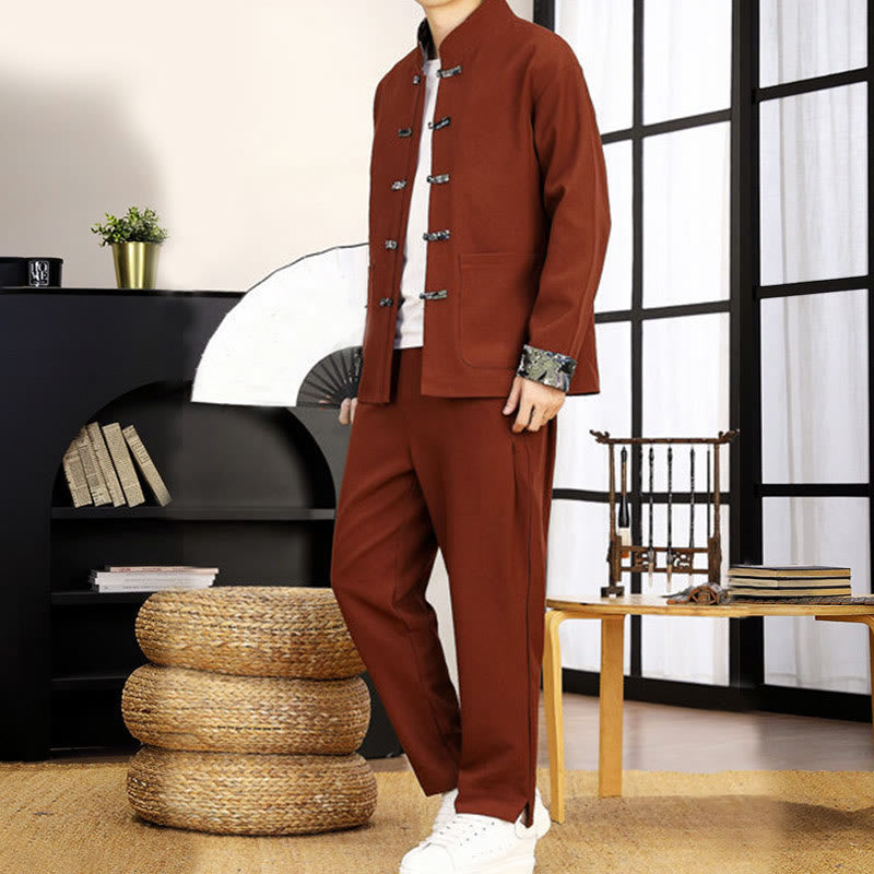 Conjunto de ropa de manga larga y pantalón con estampado de olas y botones de rana para hombre , con Buddha Stones (2 piezas). - image 1