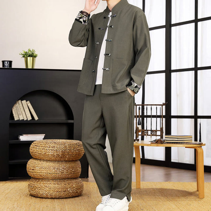 Conjunto de ropa de manga larga y pantalón con estampado de olas y botones de rana para hombre , con Buddha Stones (2 piezas). - image 9