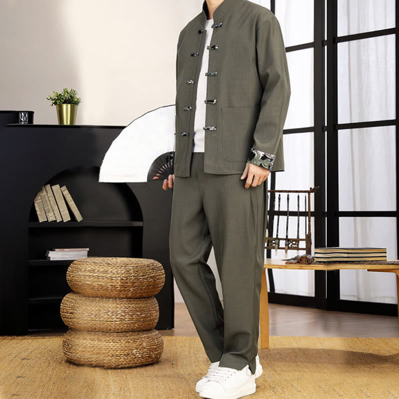 Conjunto de ropa de manga larga y pantalón con estampado de olas y botones de rana para hombre , con Buddha Stones (2 piezas). - image 10