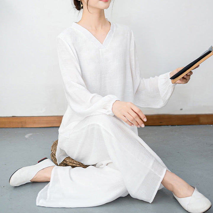 Conjunto de meditación para mujer Buddha Stones de 2 piezas: camiseta blanca de manga larga con cuello en V y pantalón de pierna ancha. - image 8