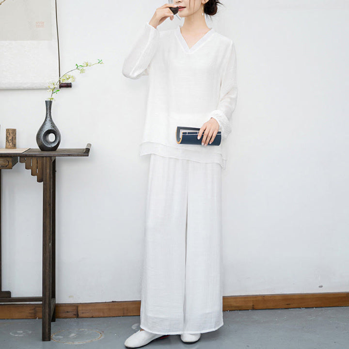 Conjunto de meditación para mujer Buddha Stones de 2 piezas: camiseta blanca de manga larga con cuello en V y pantalón de pierna ancha. - image 5