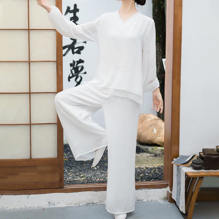 Conjunto de meditación para mujer Buddha Stones de 2 piezas: camiseta blanca de manga larga con cuello en V y pantalón de pierna ancha. - image 2
