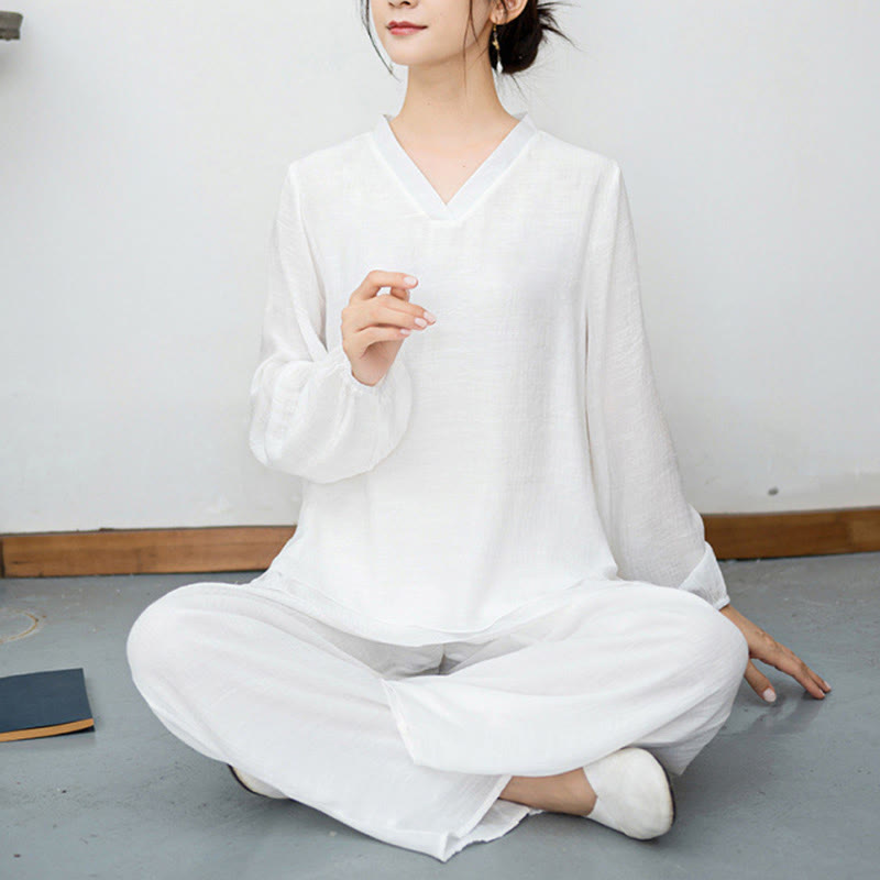 Conjunto de meditación para mujer Buddha Stones de 2 piezas: camiseta blanca de manga larga con cuello en V y pantalón de pierna ancha. - image 9