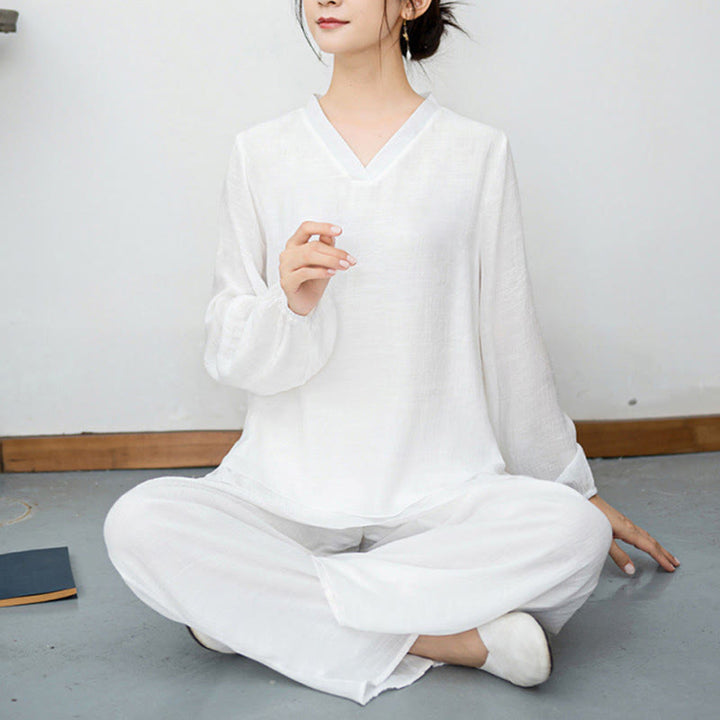 Conjunto de meditación para mujer Buddha Stones de 2 piezas: camiseta blanca de manga larga con cuello en V y pantalón de pierna ancha. - image 9