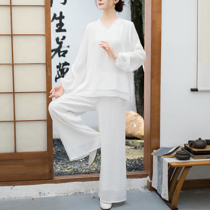 Conjunto de meditación para mujer Buddha Stones de 2 piezas: camiseta blanca de manga larga con cuello en V y pantalón de pierna ancha. - Blanco - US8-10，UK/AU12-14，EU40-42 (2XL) - image 0
