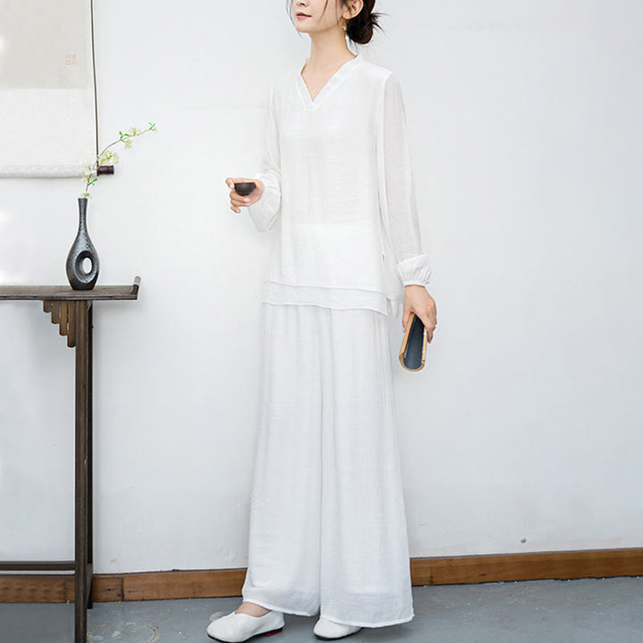 Conjunto de meditación para mujer Buddha Stones de 2 piezas: camiseta blanca de manga larga con cuello en V y pantalón de pierna ancha. - image 6