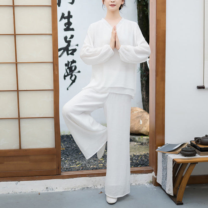 Conjunto de meditación para mujer Buddha Stones de 2 piezas: camiseta blanca de manga larga con cuello en V y pantalón de pierna ancha. - image 1