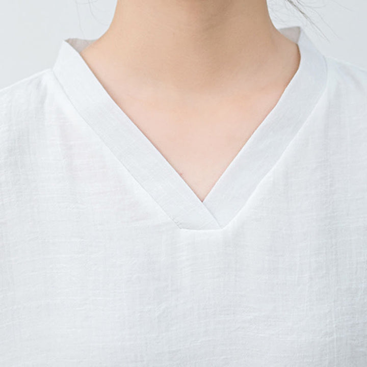 Conjunto de meditación para mujer Buddha Stones de 2 piezas: camiseta blanca de manga larga con cuello en V y pantalón de pierna ancha. - image 10