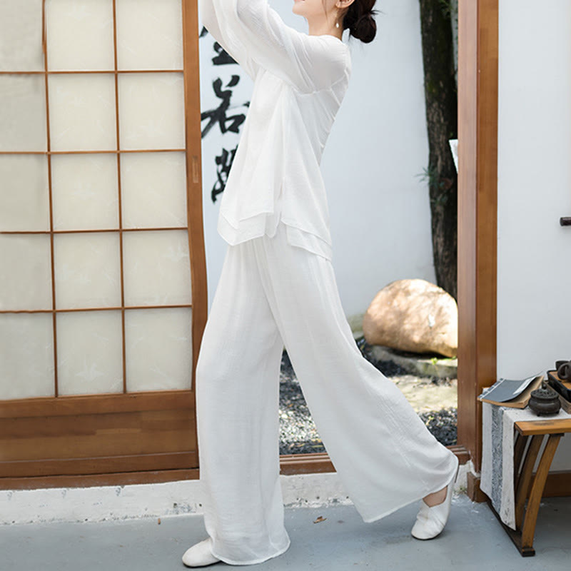 Conjunto de meditación para mujer Buddha Stones de 2 piezas: camiseta blanca de manga larga con cuello en V y pantalón de pierna ancha. - image 3