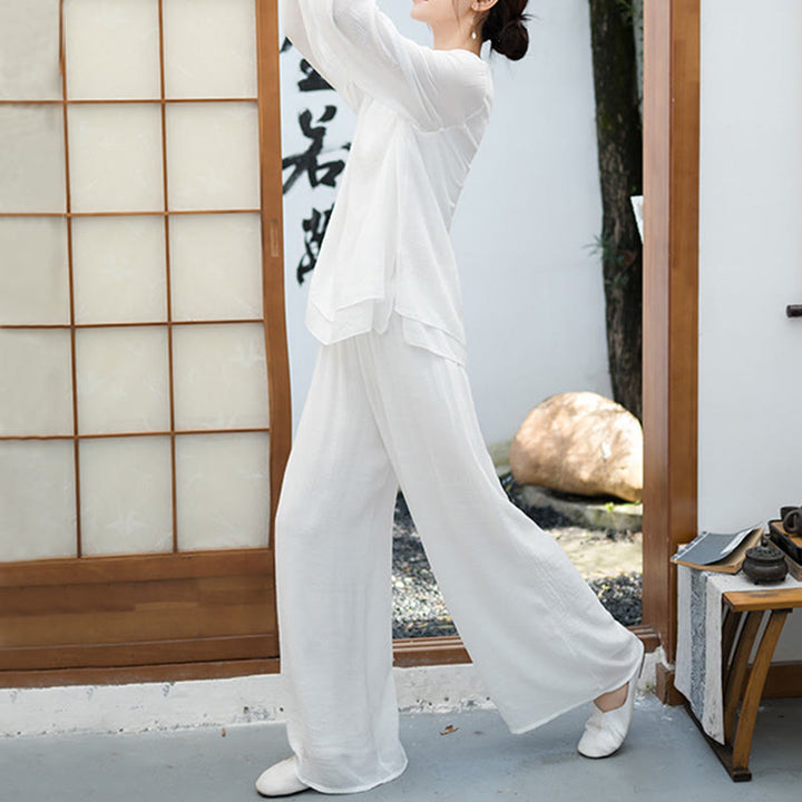 Conjunto de meditación para mujer Buddha Stones de 2 piezas: camiseta blanca de manga larga con cuello en V y pantalón de pierna ancha. - image 3