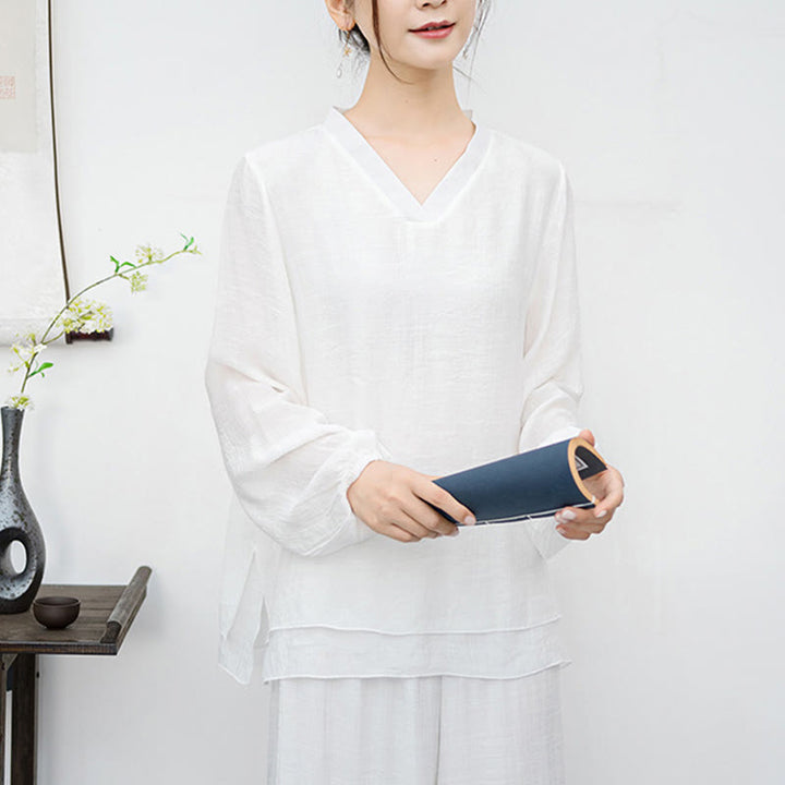 Conjunto de meditación para mujer Buddha Stones de 2 piezas: camiseta blanca de manga larga con cuello en V y pantalón de pierna ancha. - image 7