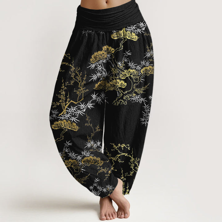 Pantalones bombachos de cintura elástica para mujer con estampado de pino, bambú y ciruelas, de algodón puro con Buddha Stones - Negro - US16，UK/AU20，EU48 (3XL) - image 0