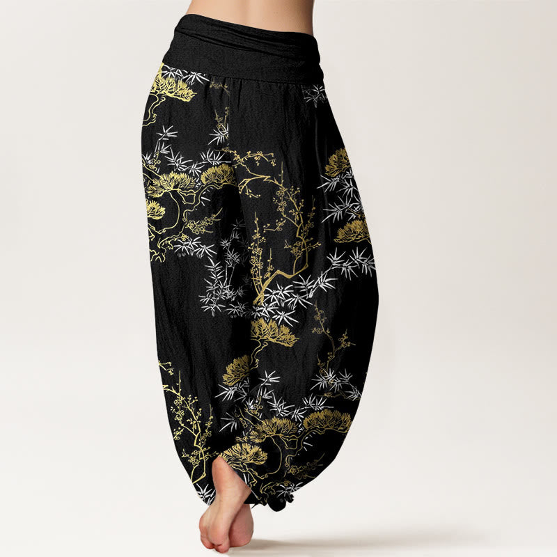 Pantalones bombachos de cintura elástica para mujer con estampado de pino, bambú y ciruelas, de algodón puro con Buddha Stones - image 1
