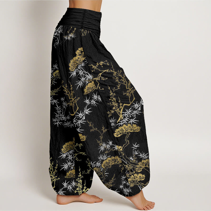 Pantalones bombachos de cintura elástica para mujer con estampado de pino, bambú y ciruelas, de algodón puro con Buddha Stones - image 2