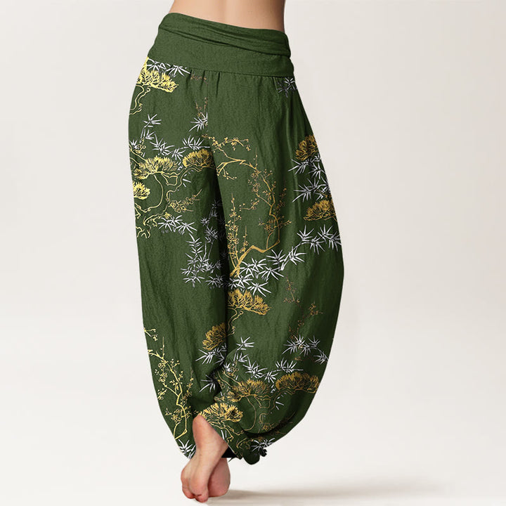 Pantalones bombachos de cintura elástica para mujer con estampado de pino, bambú y ciruelas, de algodón puro con Buddha Stones - image 6