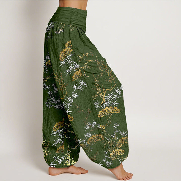 Pantalones bombachos de cintura elástica para mujer con estampado de pino, bambú y ciruelas, de algodón puro con Buddha Stones - image 7