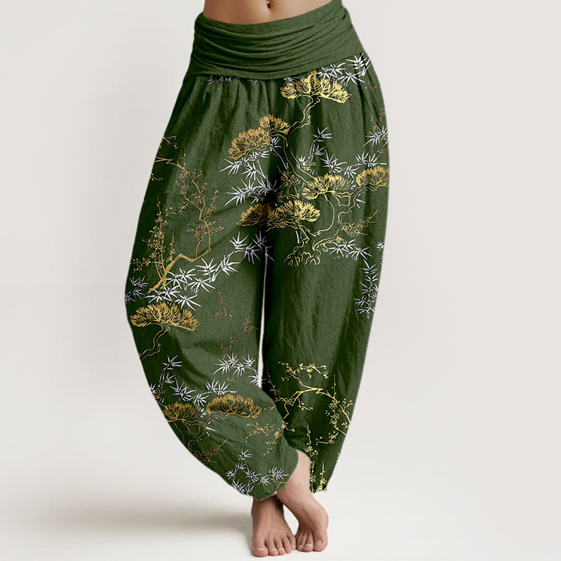 Pantalones bombachos de cintura elástica para mujer con estampado de pino, bambú y ciruelas, de algodón puro con Buddha Stones - Verde oliva oscuro - US16，UK/AU20，EU48 (3XL) - image 5
