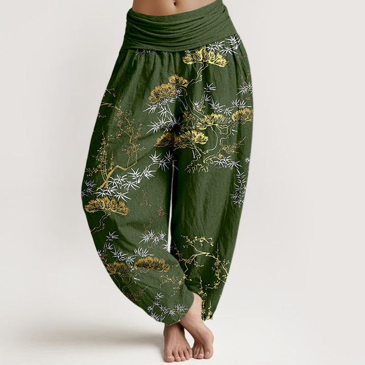 Pantalones bombachos de cintura elástica para mujer con estampado de pino, bambú y ciruelas, de algodón puro con Buddha Stones - Verde oliva oscuro - US16，UK/AU20，EU48 (3XL) - image 5