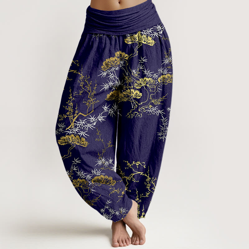 Pantalones bombachos de cintura elástica para mujer con estampado de pino, bambú y ciruelas, de algodón puro con Buddha Stones - Azul medianoche - US16，UK/AU20，EU48 (3XL) - image 8