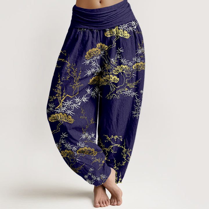 Pantalones bombachos de cintura elástica para mujer con estampado de pino, bambú y ciruelas, de algodón puro con Buddha Stones - Azul medianoche - US16，UK/AU20，EU48 (3XL) - image 8